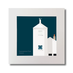 Artwork of a white lighthouse with small building next to it on a midnight blue background