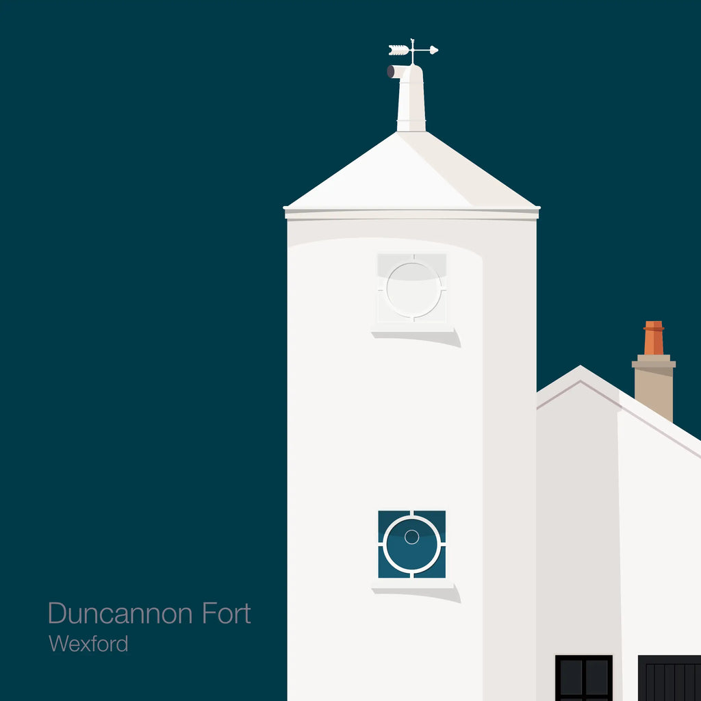 Artwork of a white lighthouse with small building next to it on a midnight blue background