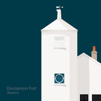 Artwork of a white lighthouse with small building next to it on a midnight blue background