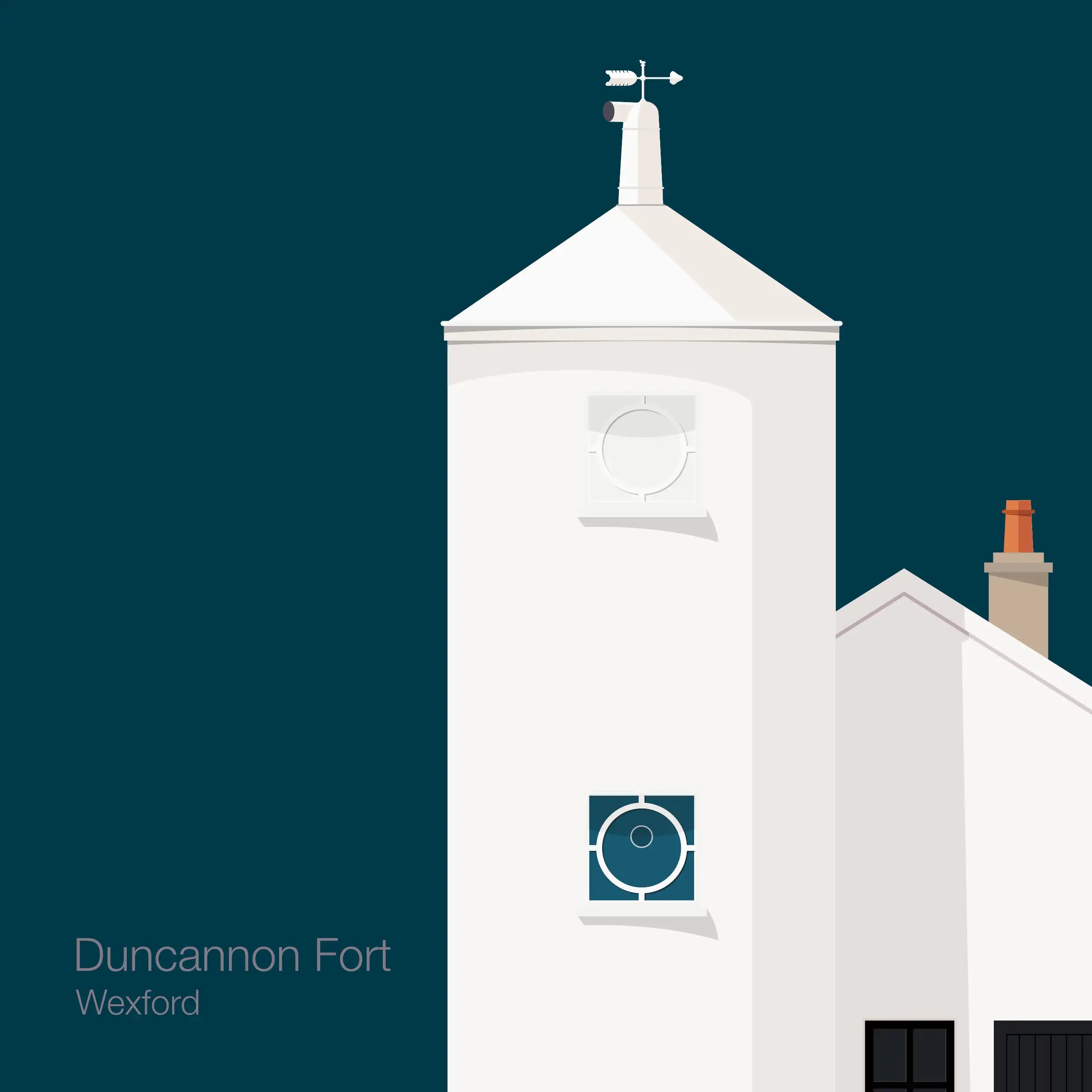 Artwork of a white lighthouse with small building next to it on a midnight blue background