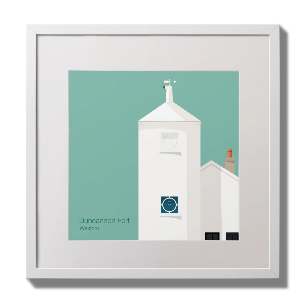 Artwork of a white lighthouse with small building next to it on an ocean green background