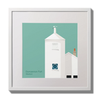 Artwork of a white lighthouse with small building next to it on an ocean green background