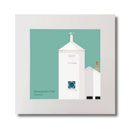 Artwork of a white lighthouse with small building next to it on an ocean green background