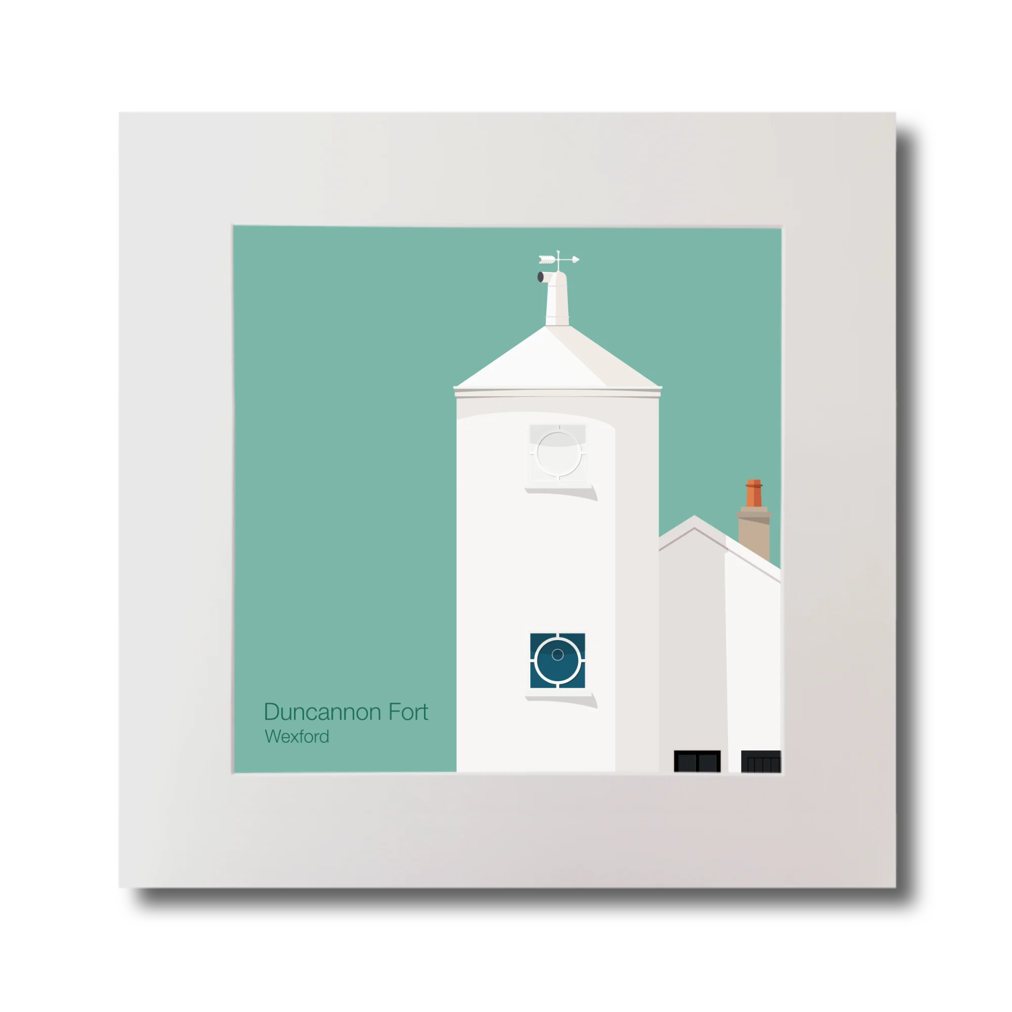 Artwork of a white lighthouse with small building next to it on an ocean green background