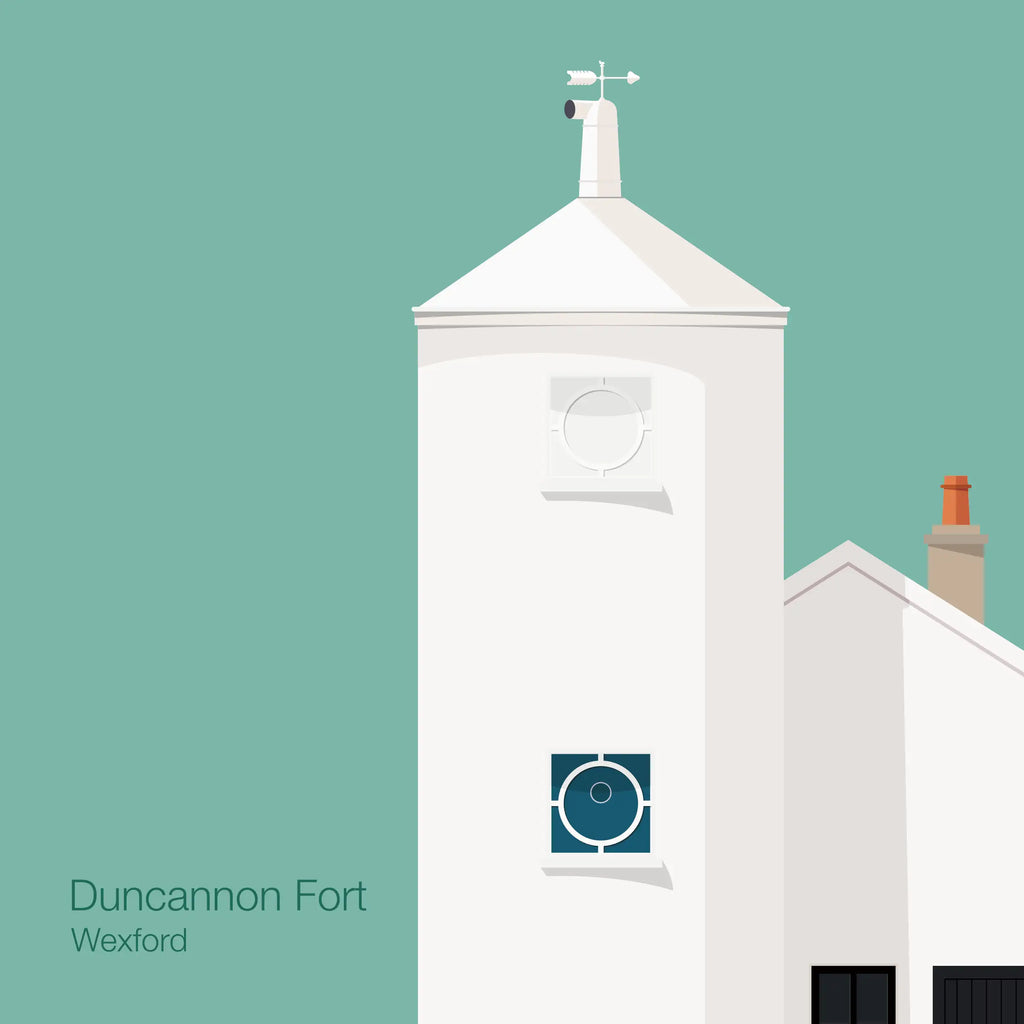 Detail of a white lighthouse with small building next to it on a green circle and white background
