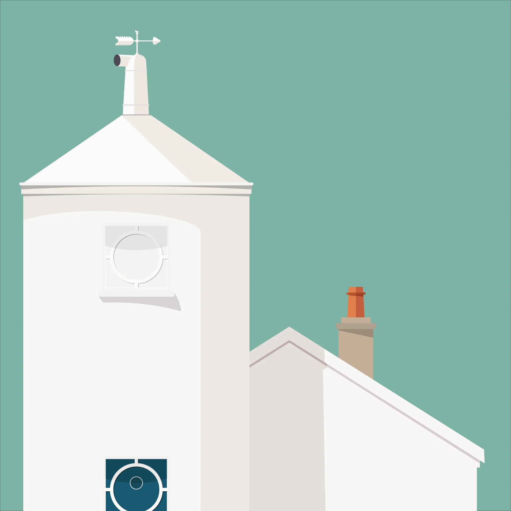 Detail of a white lighthouse with small building next to it on a green circle and white background
