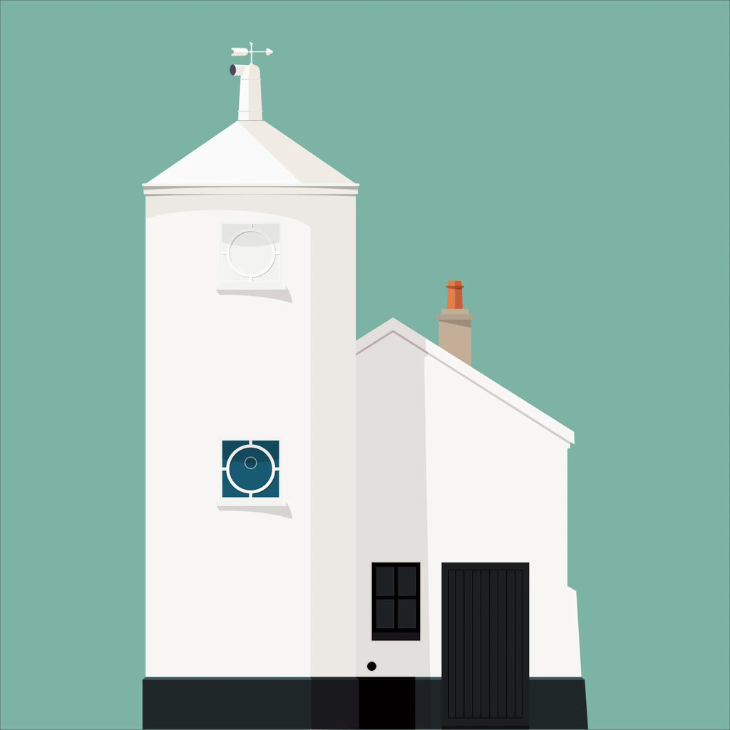 A white lighthouse with small building next to it on a green and white background