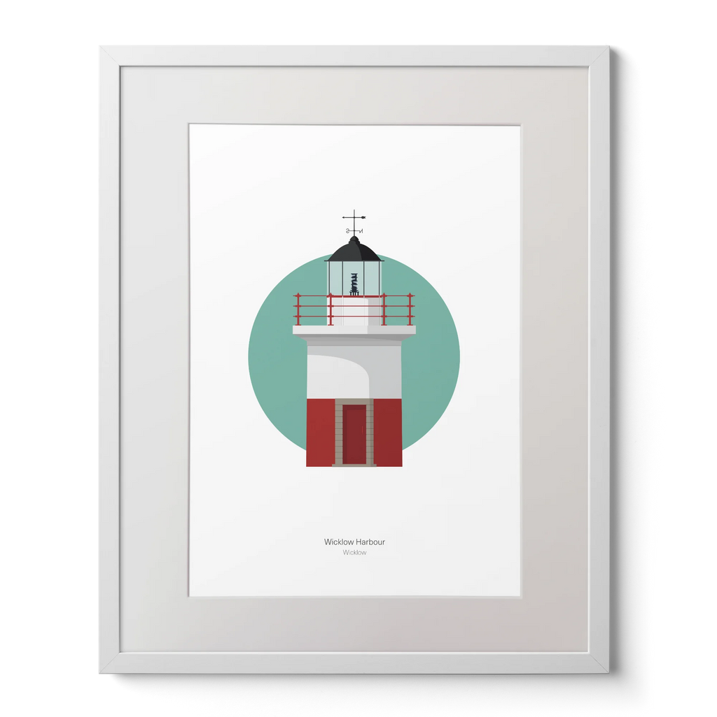 Framed artwork of a lighthouse design on a white background with a green circle