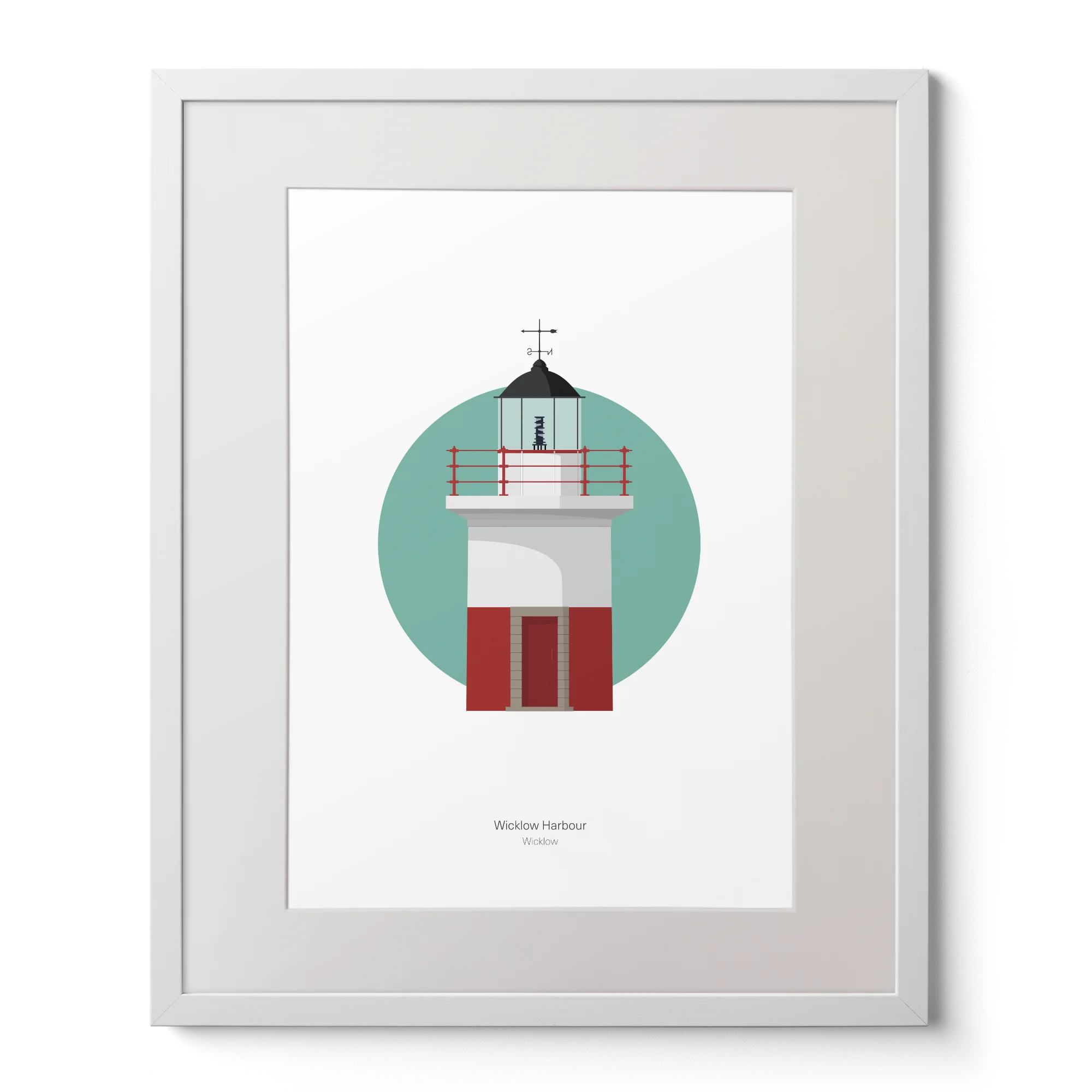 Framed artwork of a lighthouse design on a white background with a green circle