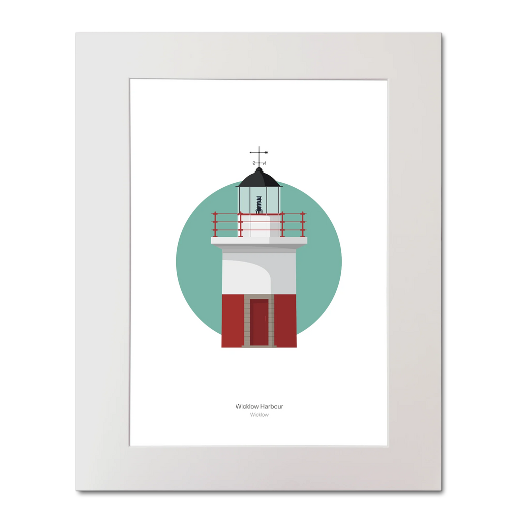 Mounted artwork of a lighthouse design with a green circle background on white