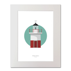Mounted artwork of a lighthouse design with a green circle background on white