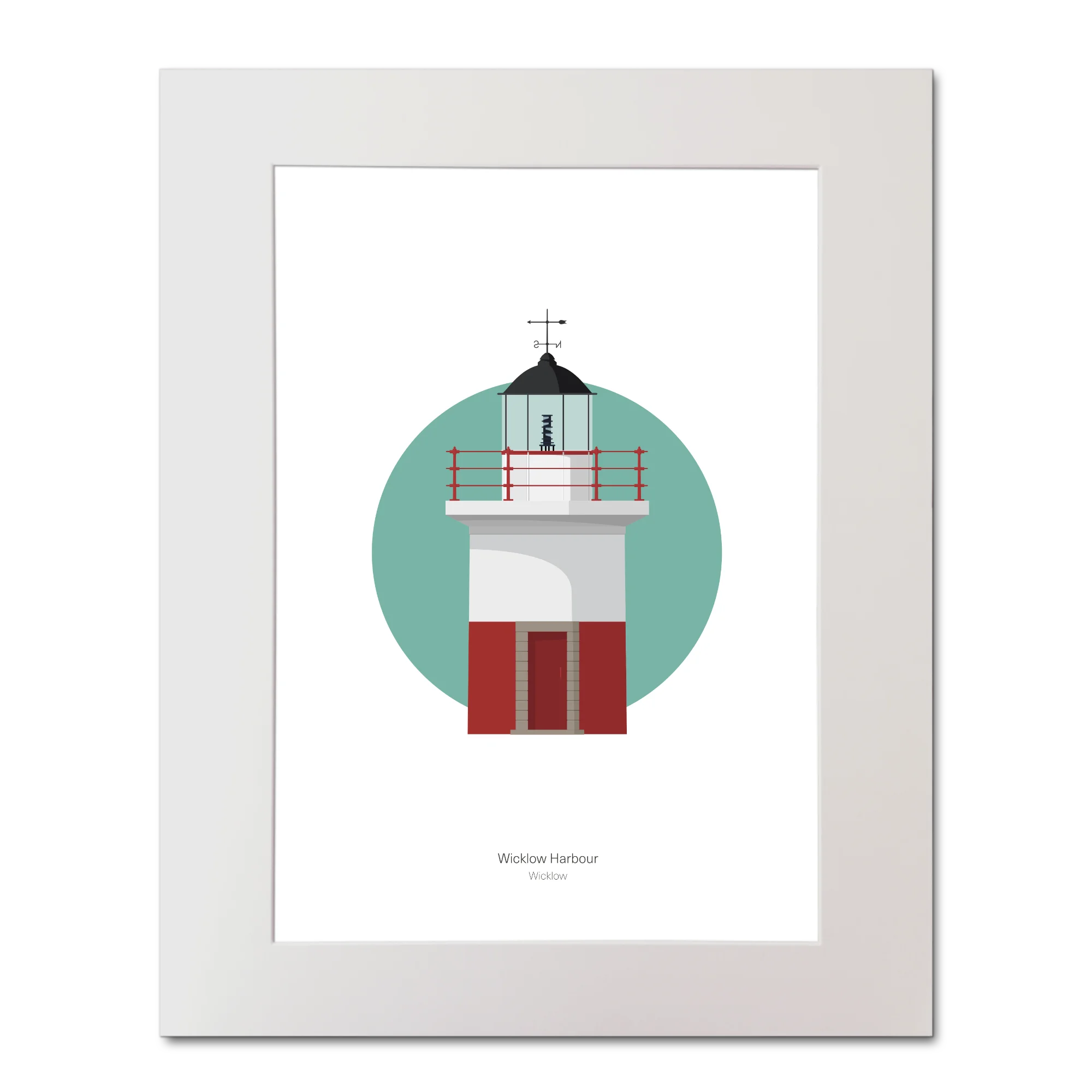 Mounted artwork of a lighthouse design with a green circle background on white