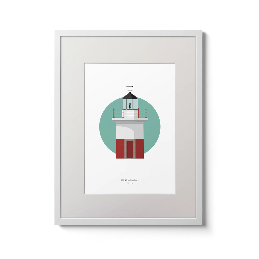 Framed artwork of a lighthouse design on a green circle with white background