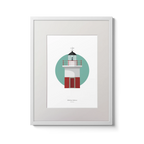 Framed artwork of a lighthouse design on a green circle with white background