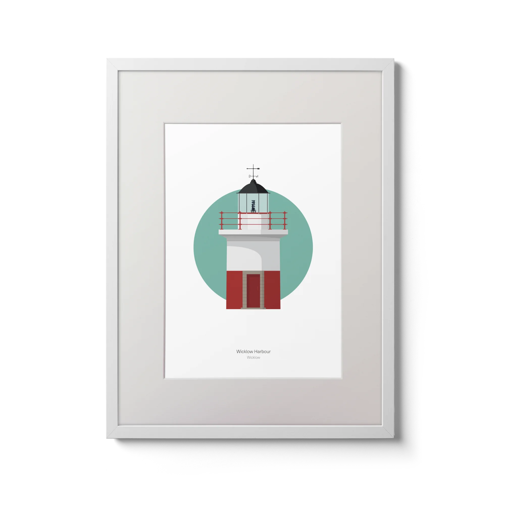 Framed artwork of a lighthouse design on a green circle with white background