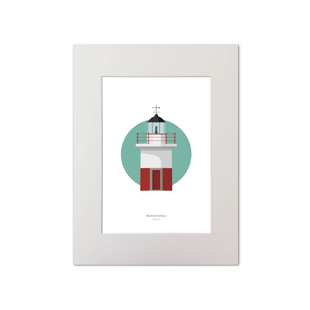 Artwork of a red and white lighthouse design on a white background with green circle