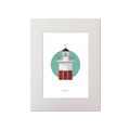 Artwork of a red and white lighthouse design on a white background with green circle