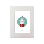 Artwork of a red and white lighthouse design on a white background with green circle