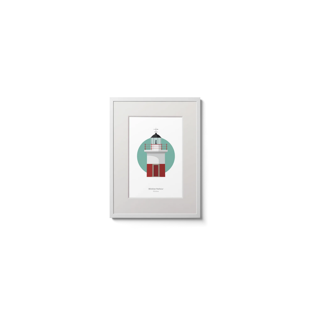Framed artwork of a lighthouse on a white background with a green circle as a backdrop