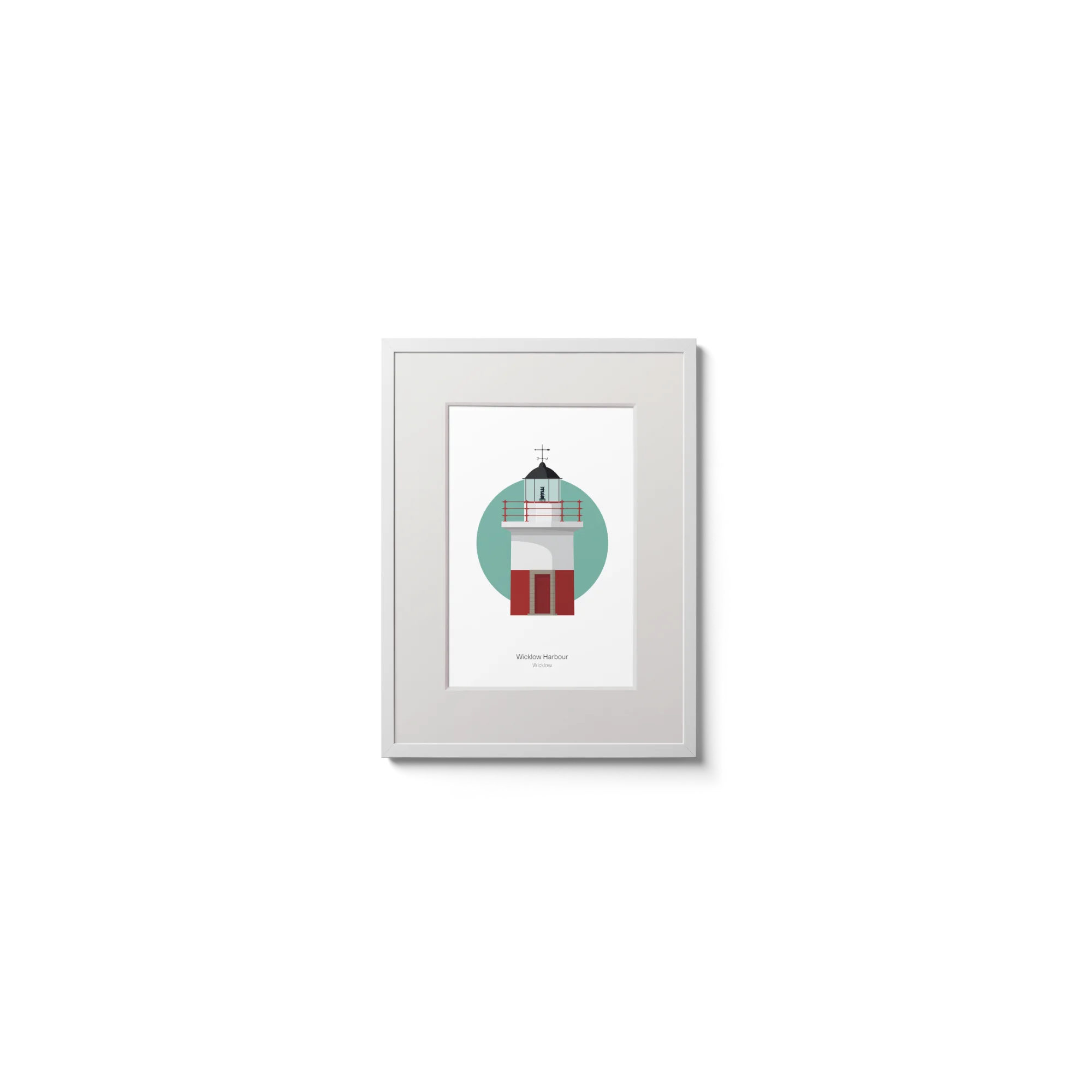 Framed artwork of a lighthouse on a white background with a green circle as a backdrop