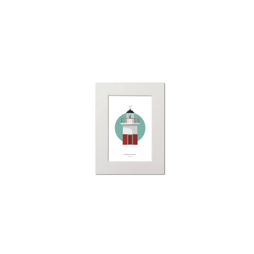 Mounted artwork of a lighthouse with a white border on a white and green background