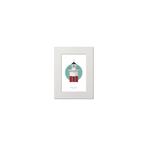 Mounted artwork of a lighthouse with a white border on a white and green background