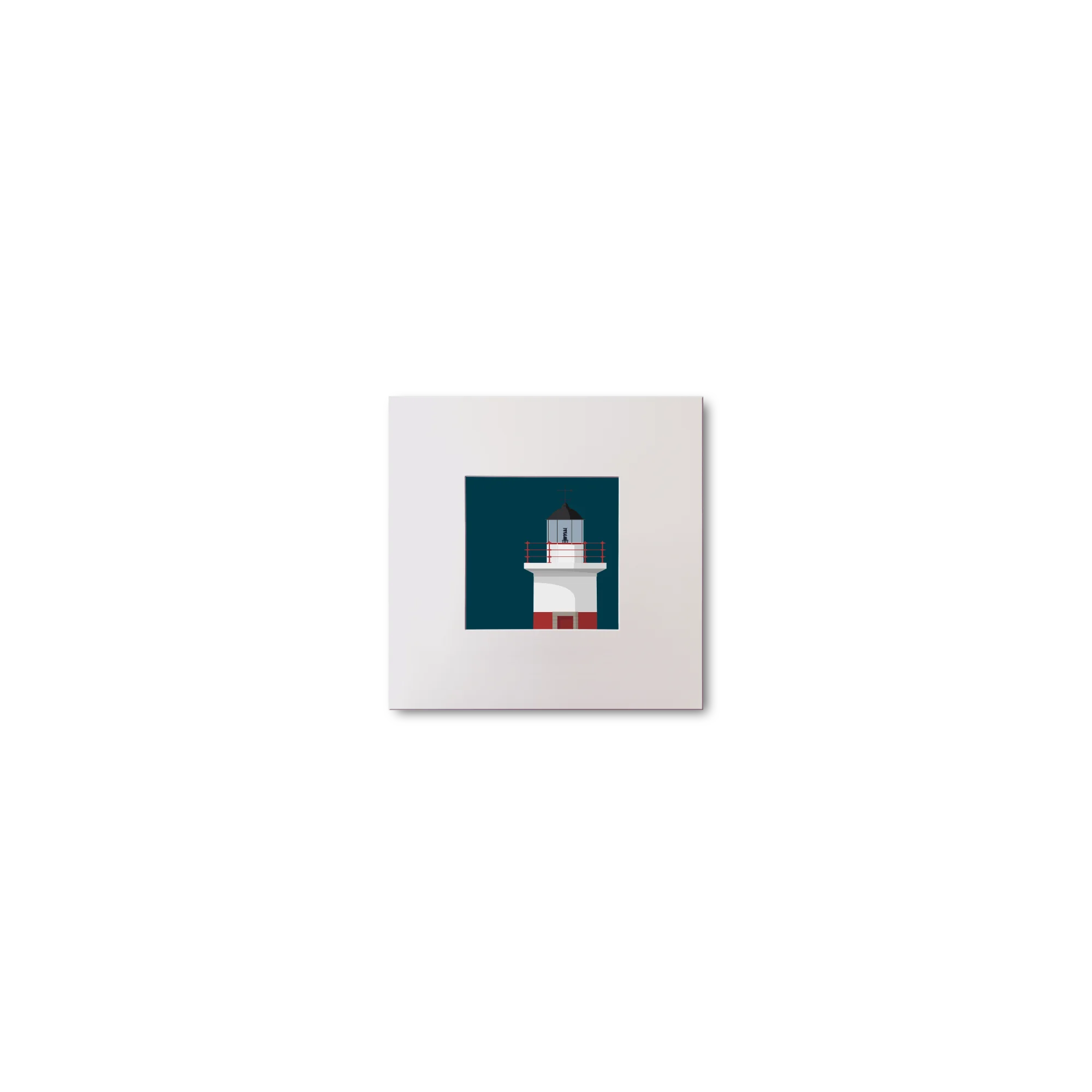 Framed artwork of a lighthouse on a blue background