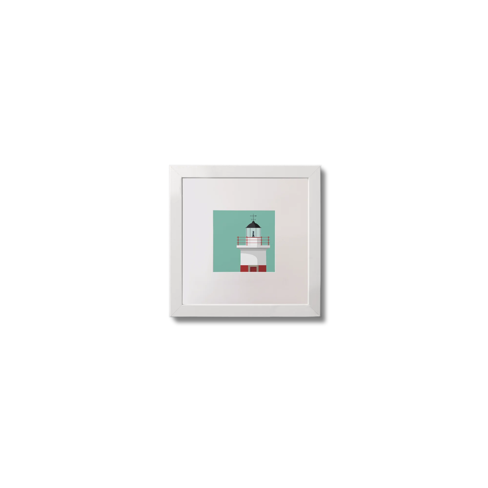 Framed artwork of a lighthouse on a ocean green background