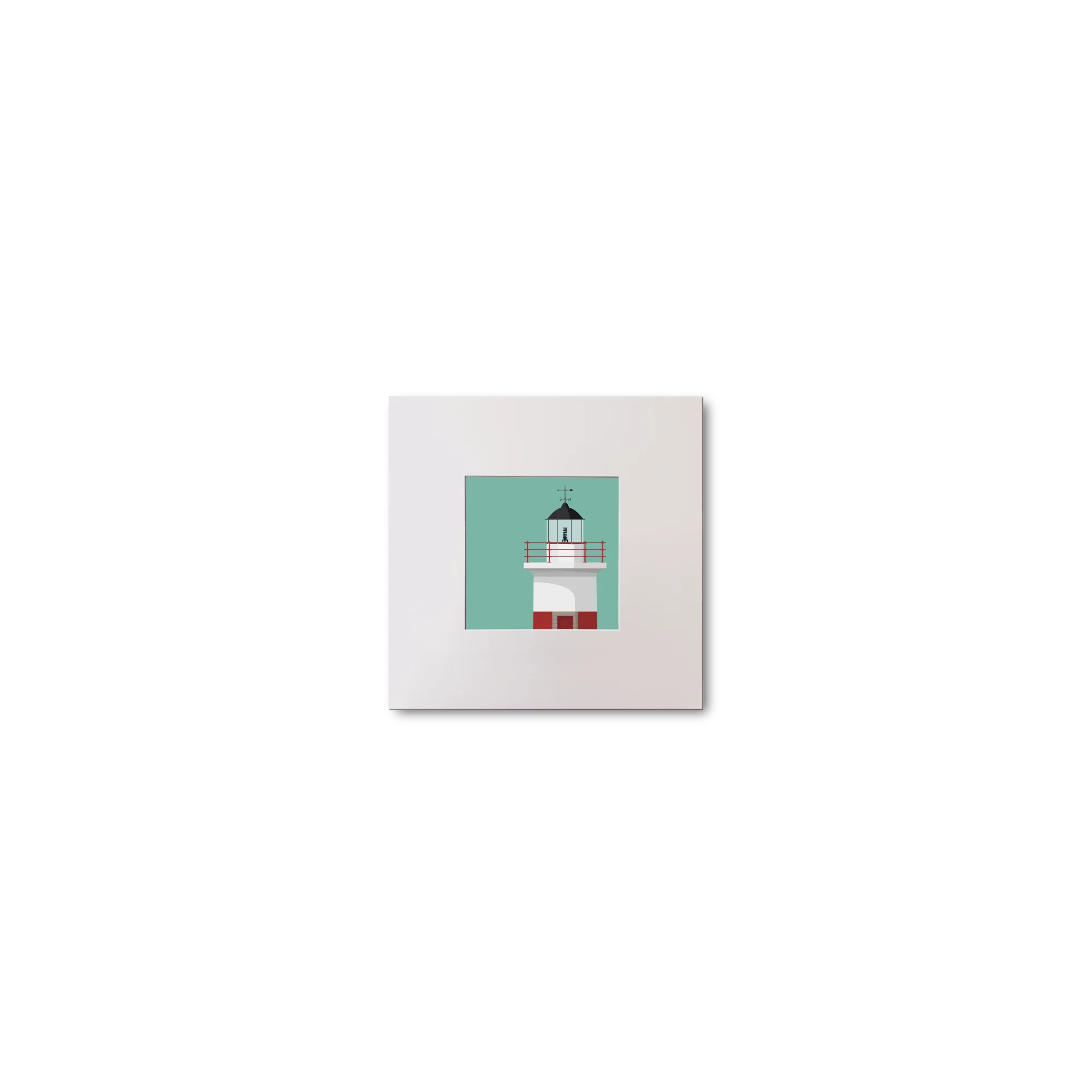 Framed artwork of a lighthouse on a teal background