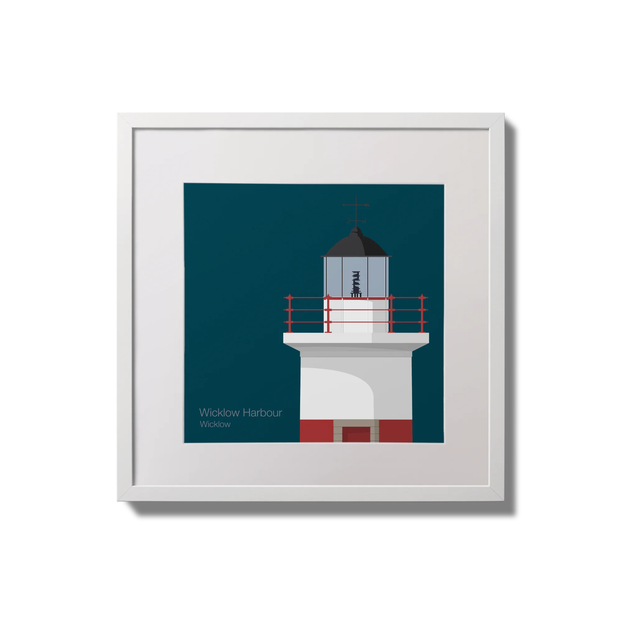 Framed artwork of a lighthouse on a blue background
