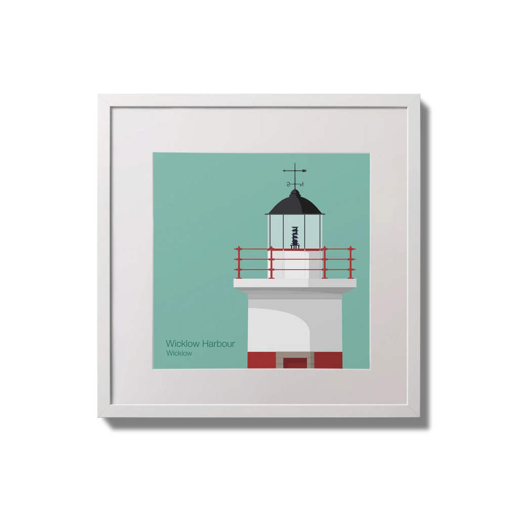Framed artwork of a red and white 
lighthouse on a teal background