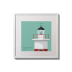 Framed artwork of a red and white 
lighthouse on a teal background