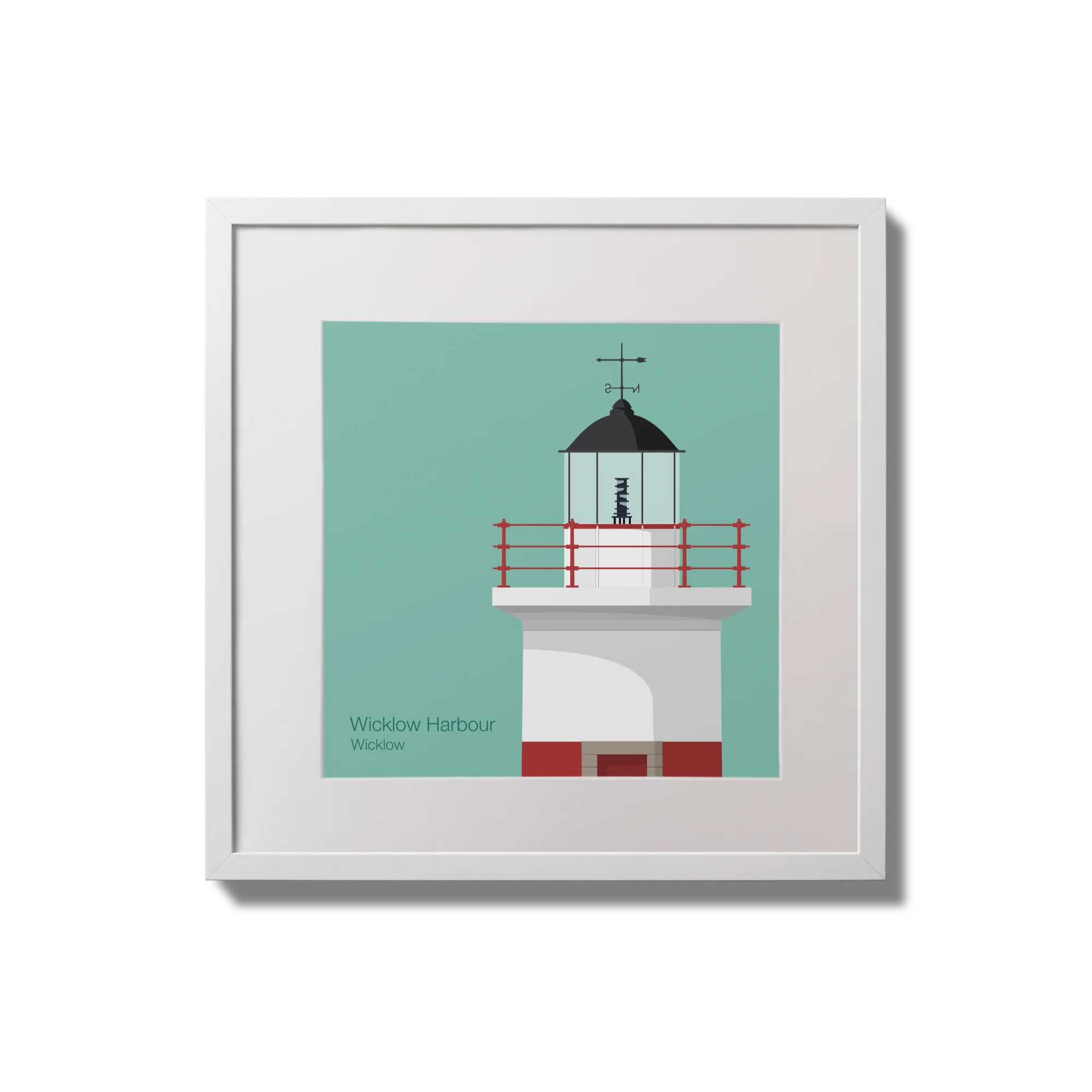 Framed artwork of a red and white 
lighthouse on a teal background