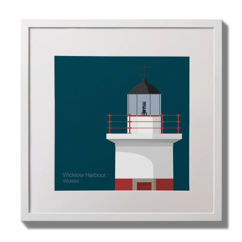 Framed artwork of a lighthouse on a blue background