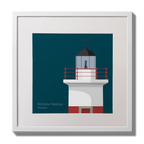 Framed artwork of a lighthouse on a blue background