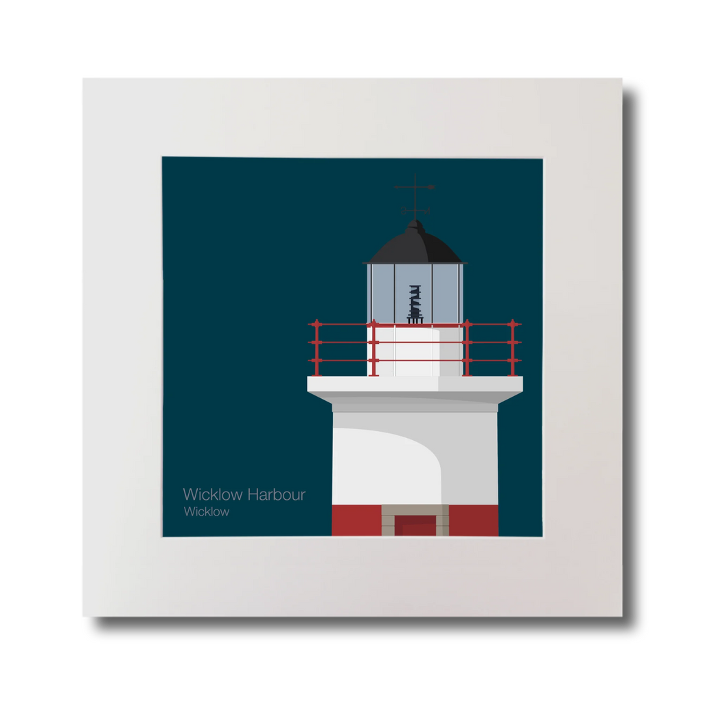 Artwork of a lighthouse on a midnight blue background