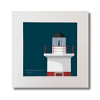 Artwork of a lighthouse on a midnight blue background