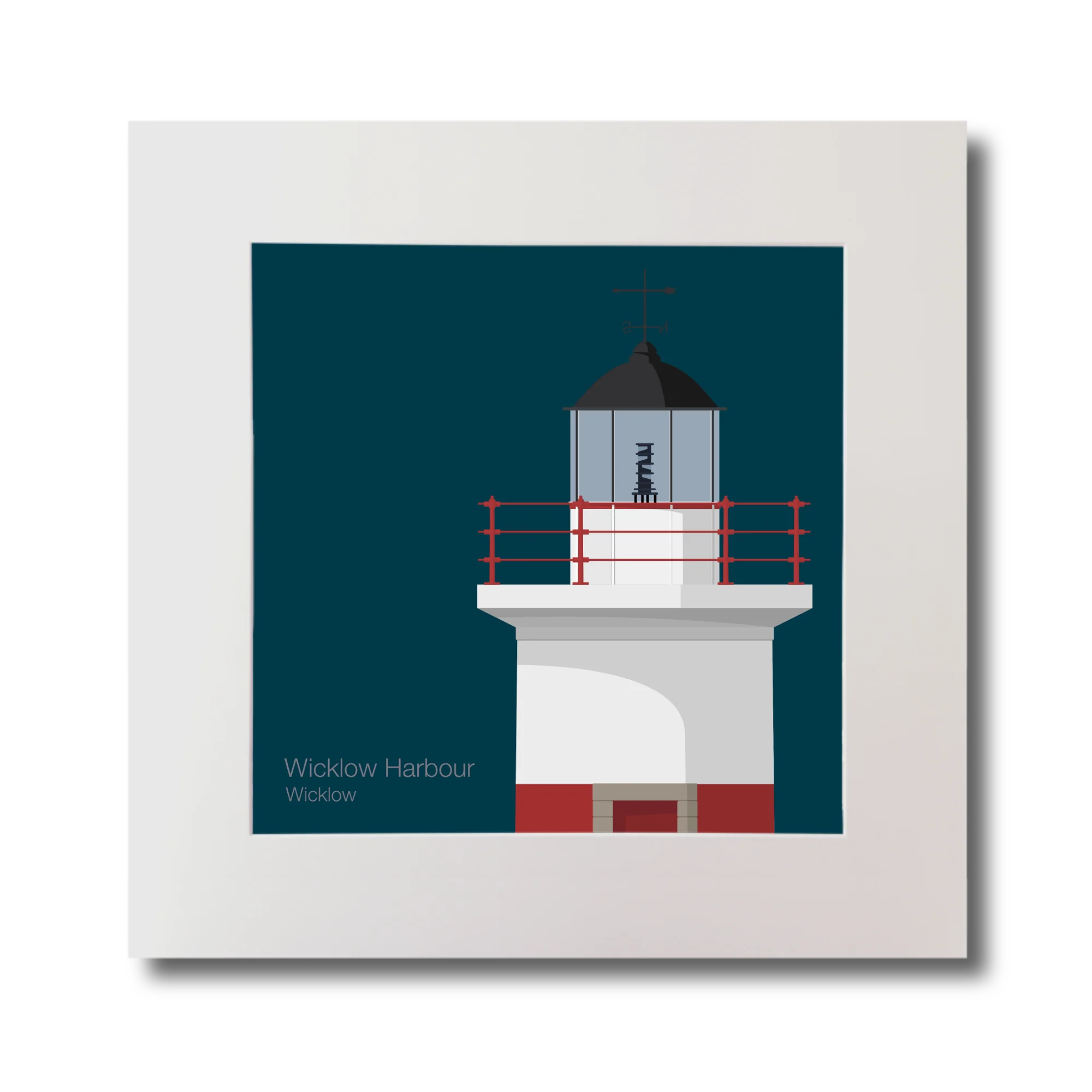 Artwork of a lighthouse on a midnight blue background