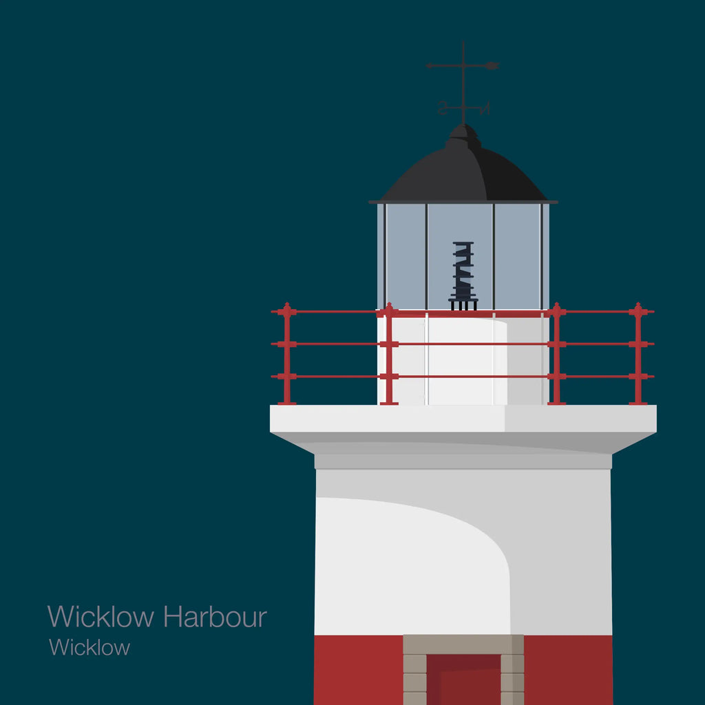 Illustration of a lighthouse with red railing on a dark blue background, labeled 'Wicklow Harbour Wicklow'.