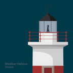 Illustration of a lighthouse with red railing on a dark blue background, labeled 'Wicklow Harbour Wicklow'.