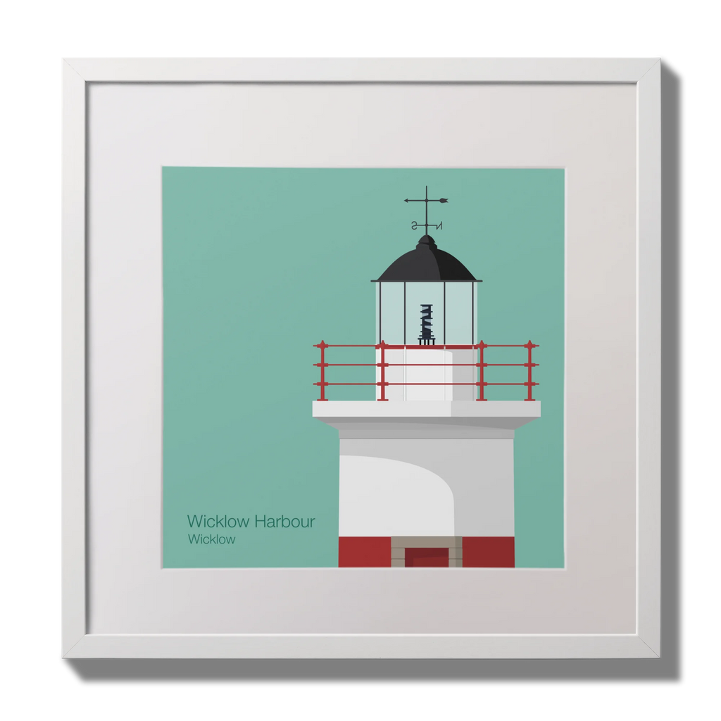 Framed artwork of a lighthouse on a teal background