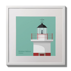 Framed artwork of a lighthouse on a teal background