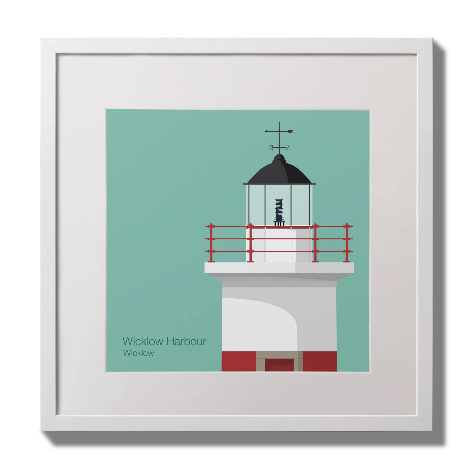 Framed artwork of a lighthouse on a teal background
