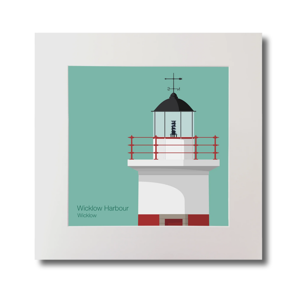 Lighthouse illustration on a teal background with 'Wicklow Harbour' text.