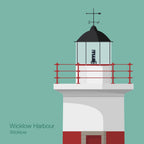 Illustration of a lighthouse with red railing and red stripe on a teal background.
