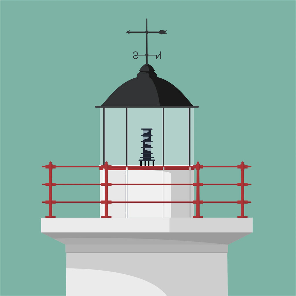 Illustration of a lighthouse with a black lantern and red railing on a teal background