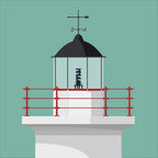 Illustration of a lighthouse with a black lantern and red railing on a teal background