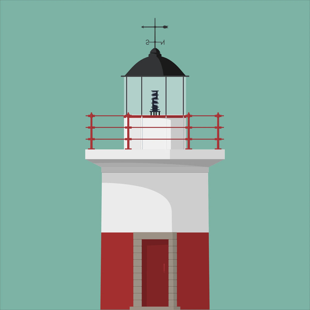 Illustration of a lighthouse with a red and white base and black roof top on a green background
