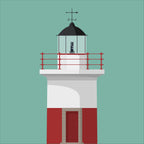 Illustration of a lighthouse with a red and white base and black roof top on a green background