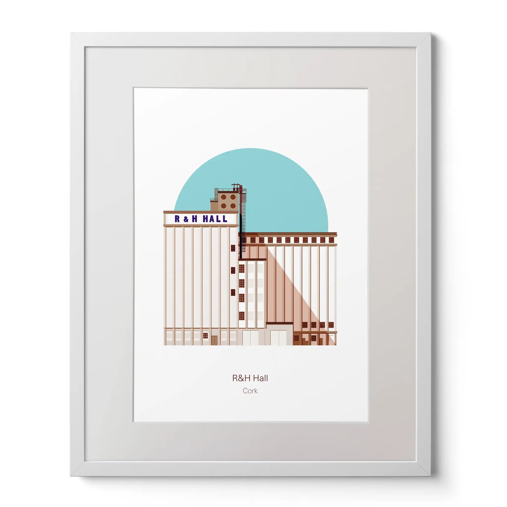 Framed illustrated art print of R&H Hall in Port of Cork, with blue background.